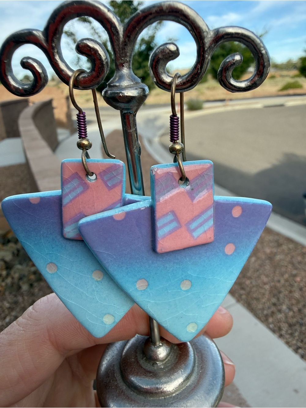 VTGE Large 80s Geometric Ceramic Dangle Earrings Pastel Crackle Glaze